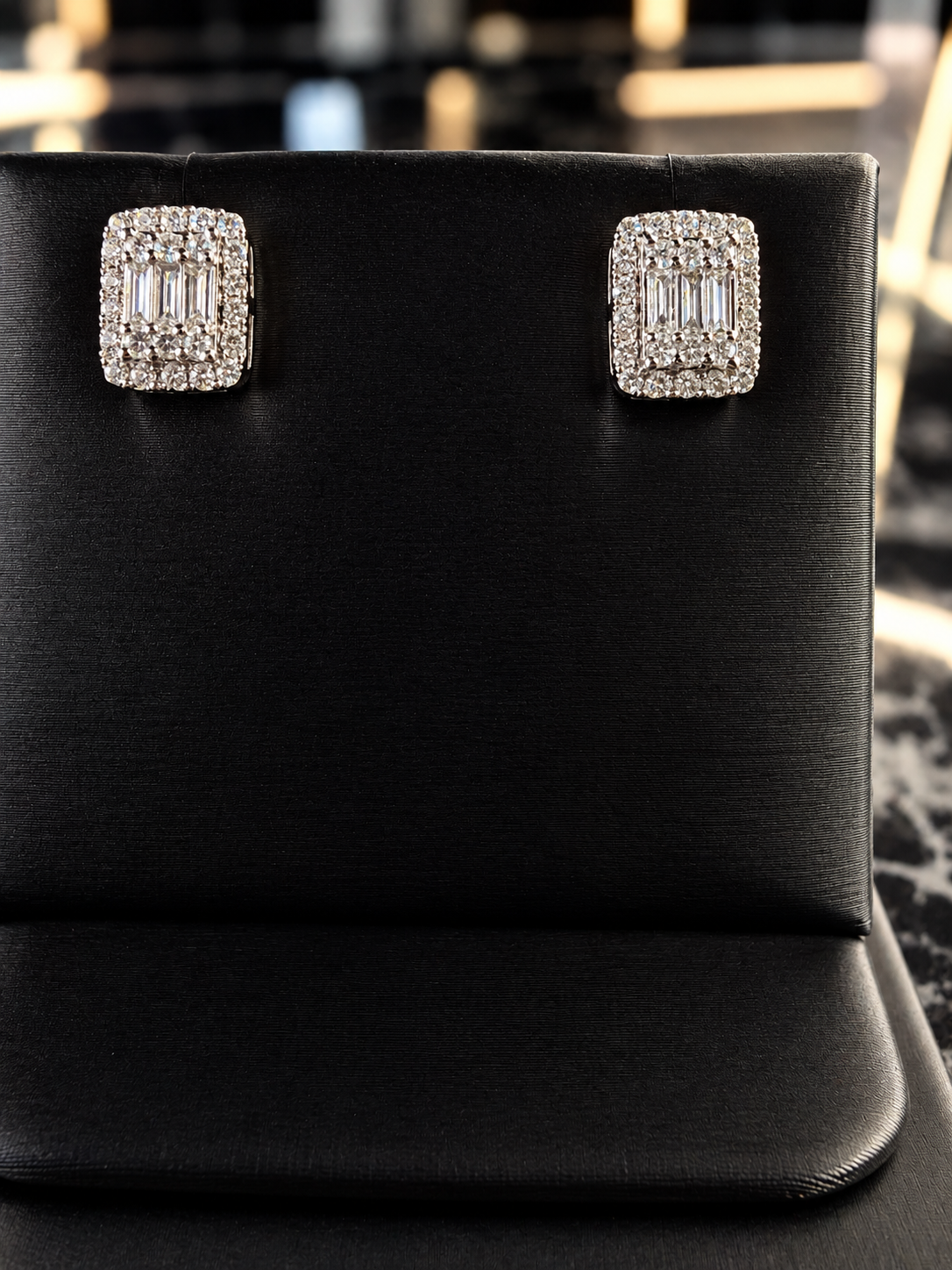 14k white gold baguette cluster diamond earrings