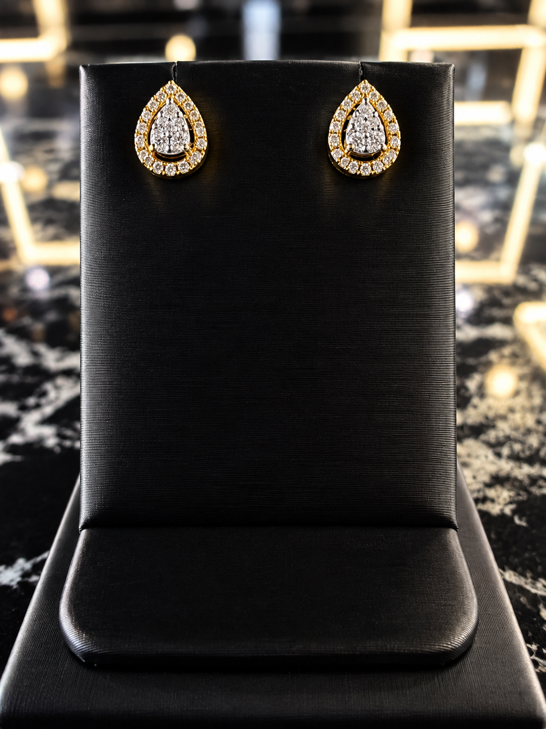 14k gold round diamond pear cluster earrings