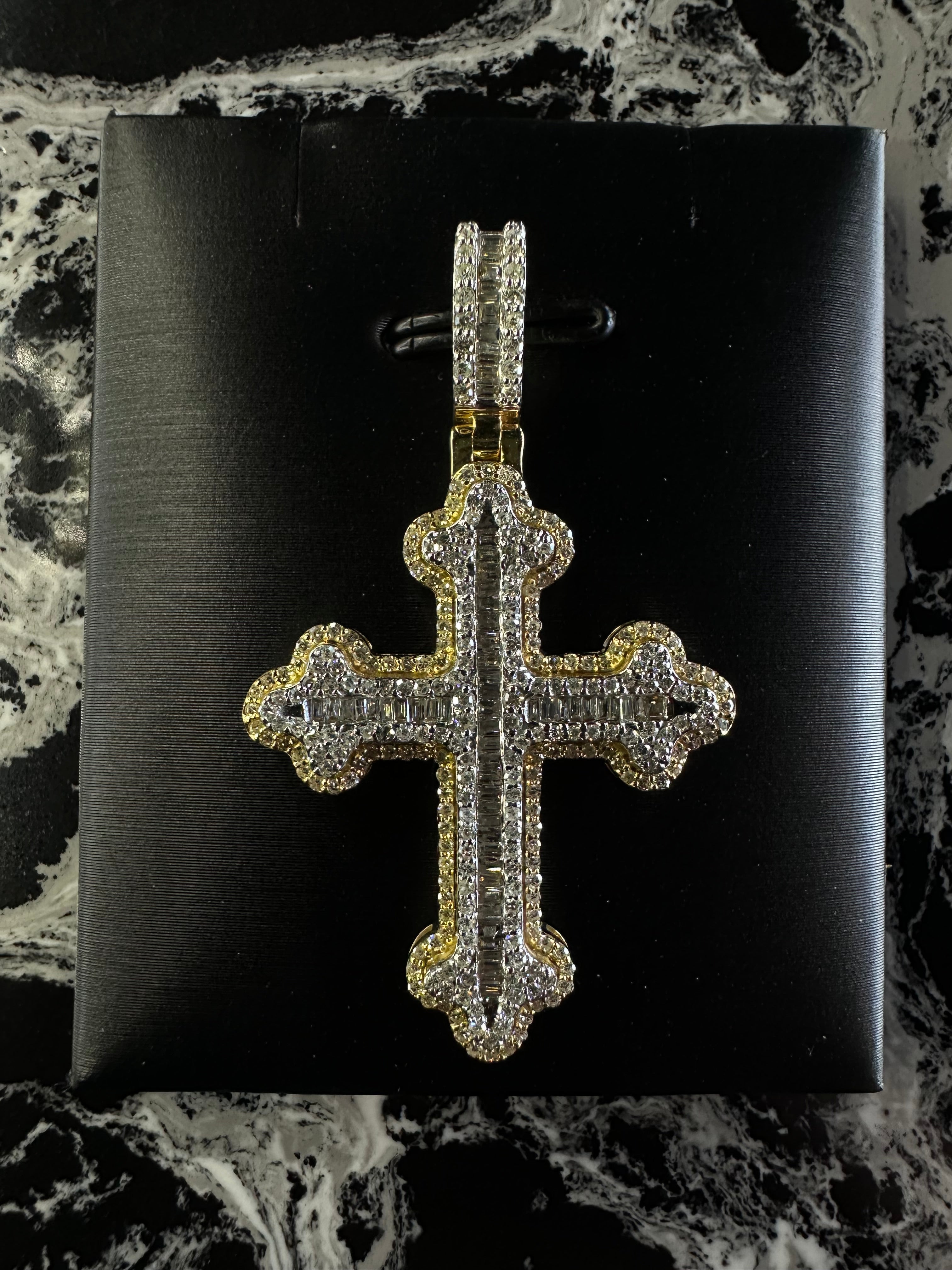 BAGUETTE DIAMOND FLEUR DE LIS CROSS 14k PENDANT